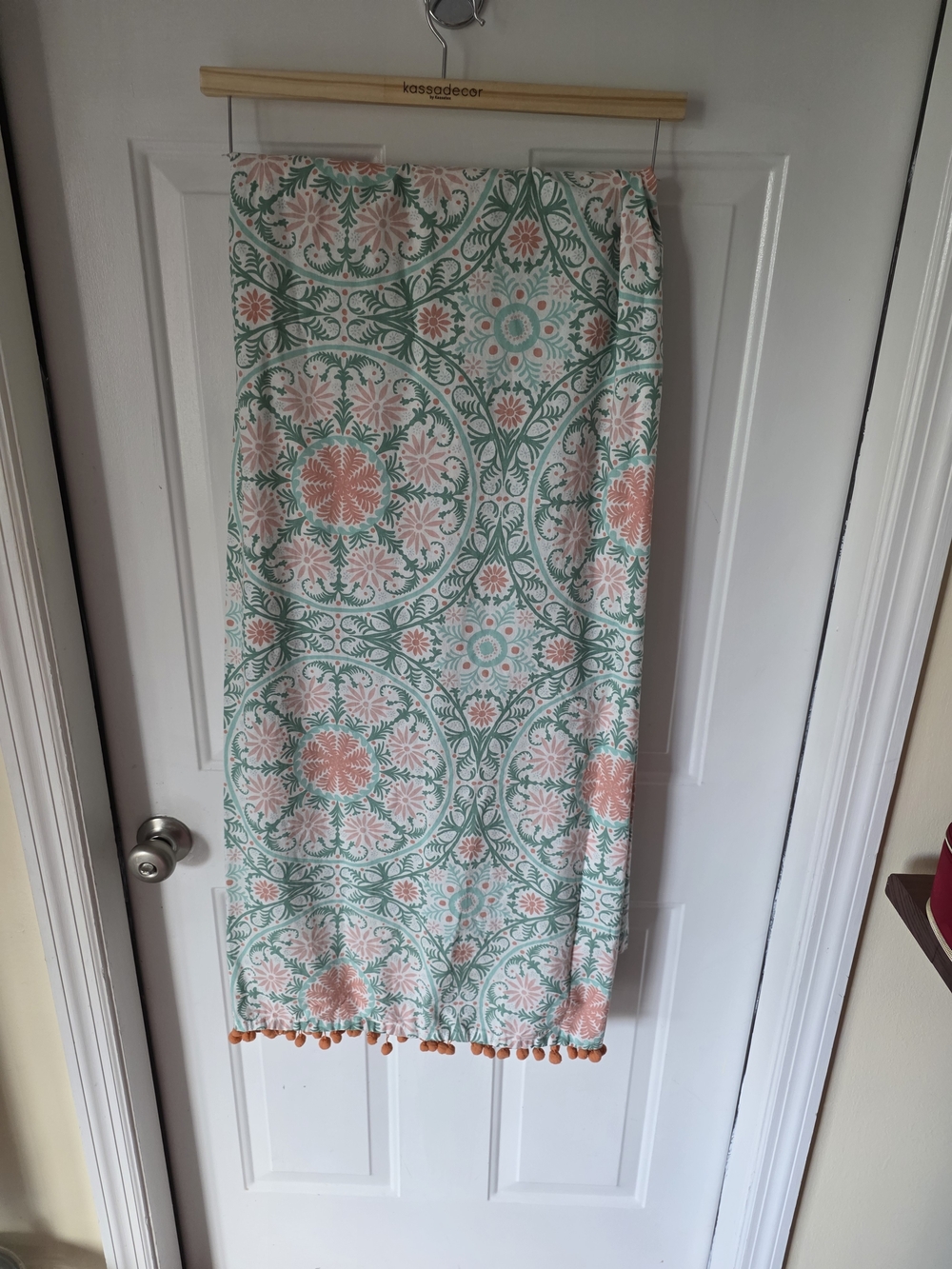 Opalhouse Mint Green and Coral Patterned Shower Curtain with Pom Trim